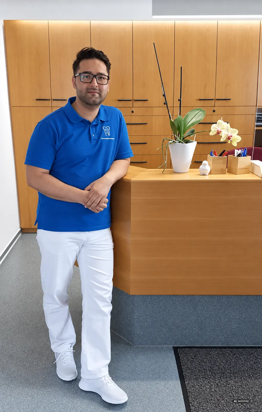 Zahnarzt Samiullah Habibi, Inhaber der Zahnarztpraxis S. Habibi, am Empfang der Praxis
