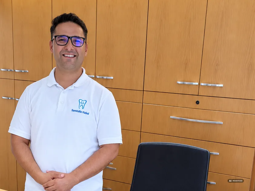 Samiullah Habibi am Empfang der Zahnarztpraxis S. Habibi